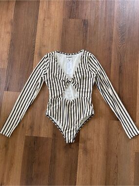 Billabong Cream and Black Striped Long-Sleeve One-Piece Swimsuit